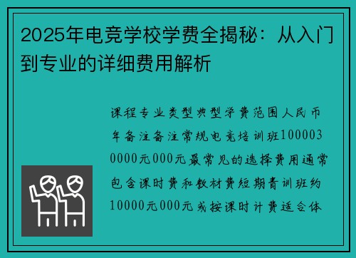 2025年电竞学校学费全揭秘：从入门到专业的详细费用解析