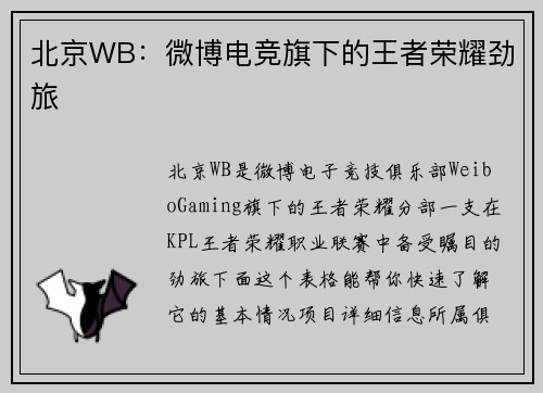 北京WB：微博电竞旗下的王者荣耀劲旅